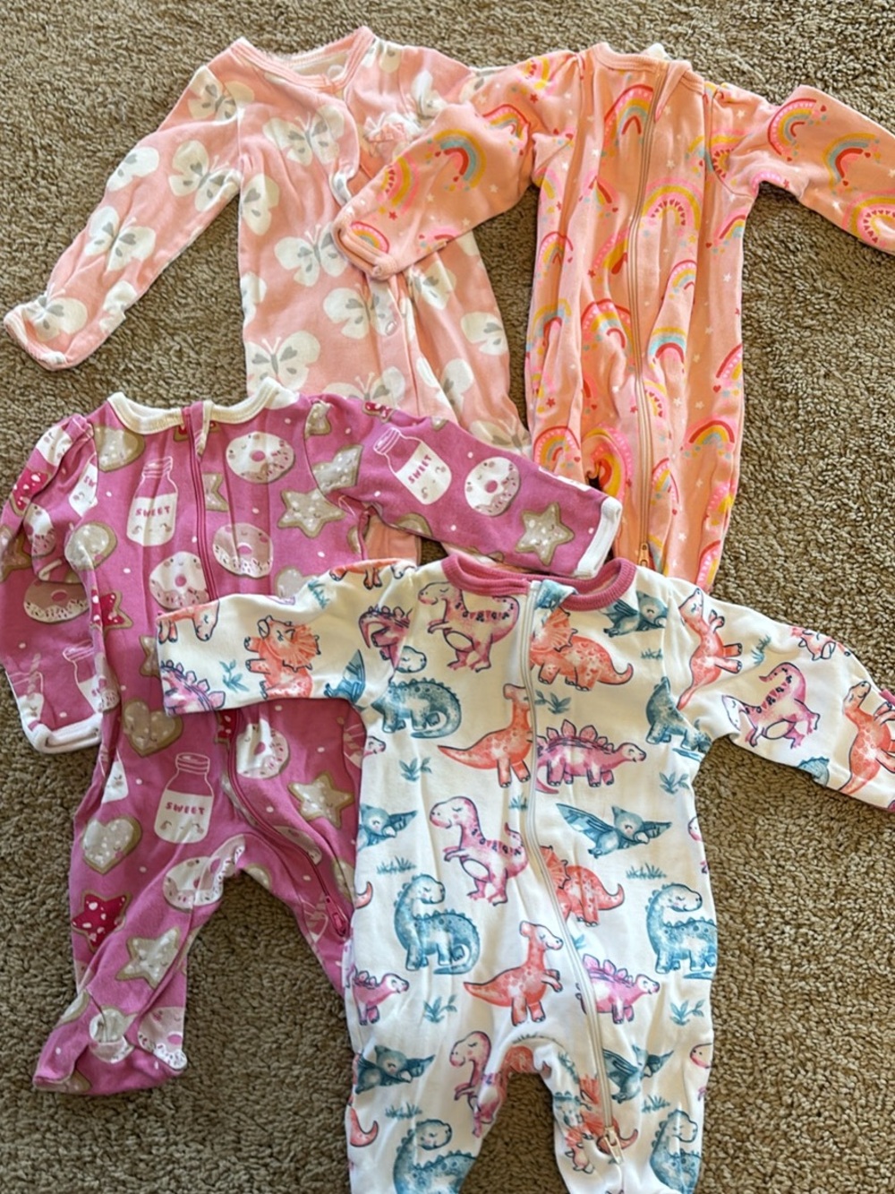 Baby Girls' Pink Rainbow & Dinosaur One-Piece Sleepers - 4 Pack